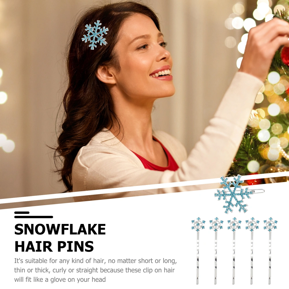 6pcs Snowflake Hairpins Mixed Ribbon Hair Clips Barrettes Hair Accessories for Kids Children (5 Blue Hair Pin + 1 White and Blue Duck Clip)