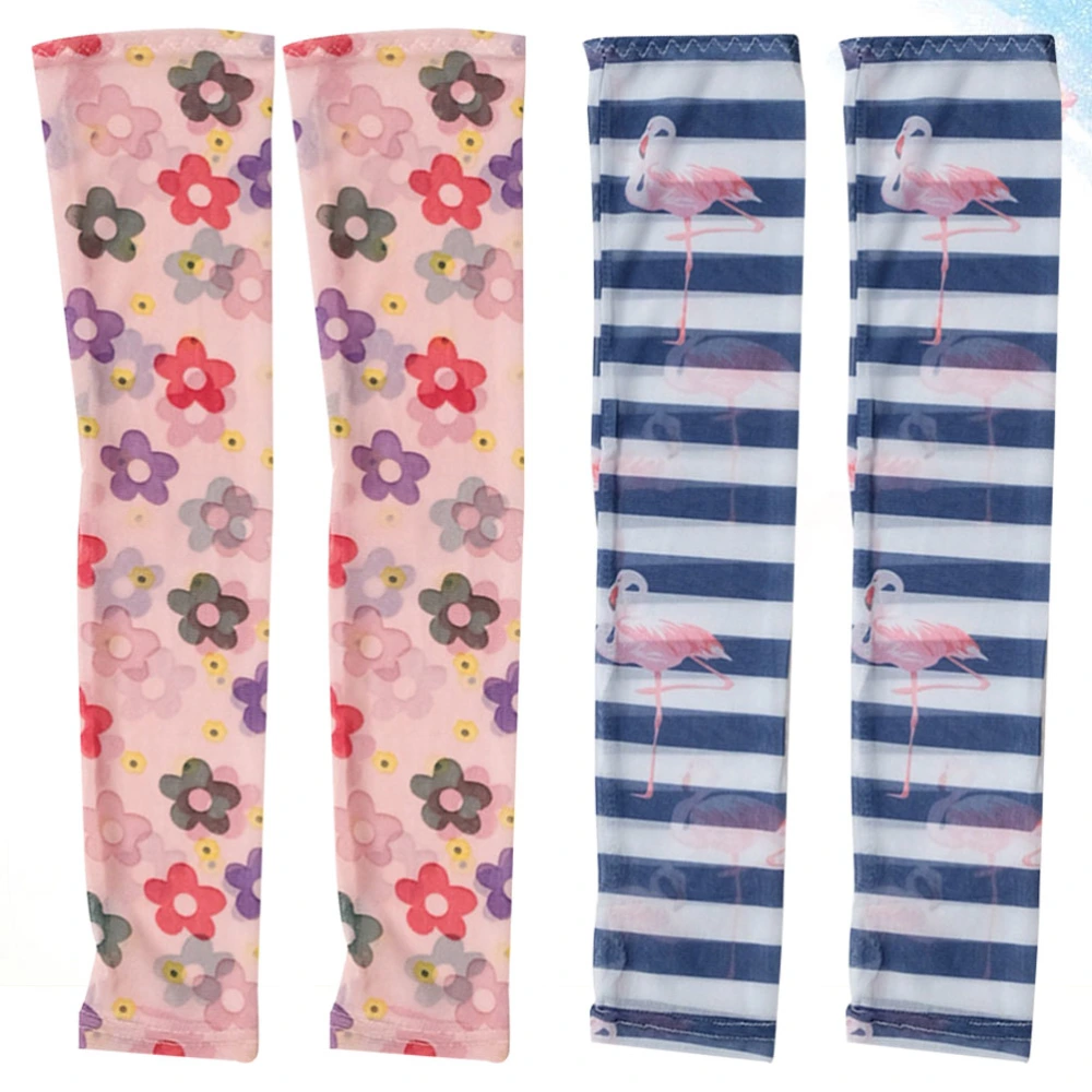 2 Pairs of Hollow-Out Oversleeve All-Match Arm Sleeves Sun Block Arm Covers Breathable Armsleeves Blue Pink (Blue Stripe Flamingo + Colorful Flower)