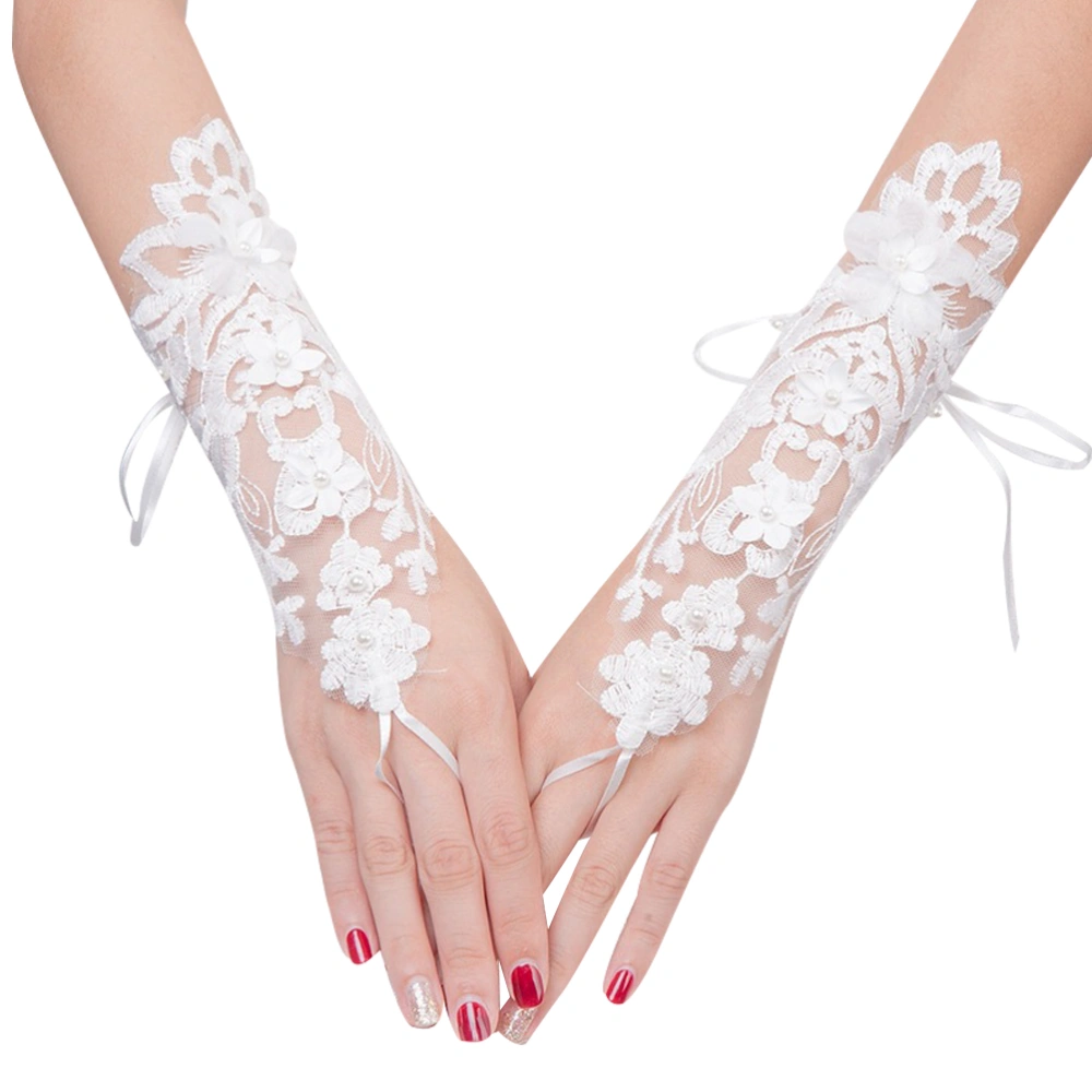 1 Pair Bridal Gloves Lace Floral Gloves Strap Design Embroidered Gloves Photo Props Wedding Supplies(White)