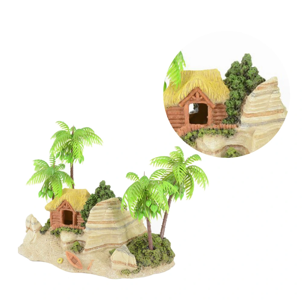 1PC Creative Aquarium Decor Simulated Beach Rockery Aquarium Landscape Lifelike Coconut Tree Wooden Boat Beach Rockery Fish Tank Decor Mini Resin Beach Rockery Crafts for Home Office Decor