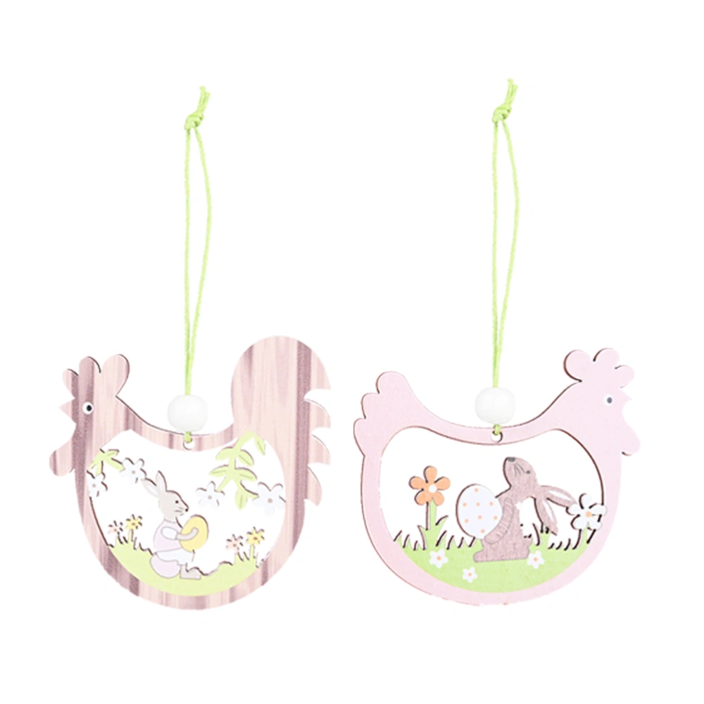 6pcs Chicken Shaped Pendant Wooden Easter Rabbit Hanging Ornament Party Decor (2pcs Wood Grain Chicken, 2pcs Pink Hollow-out Chicken, 2pcs Green Hollow-out Chicken)