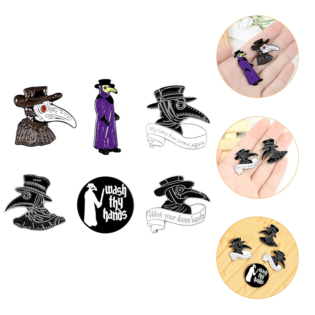 6pcs Plague Doctor Crow Enamel Pin Badge Crow Brooches Lapel Pin Jeans Brooch