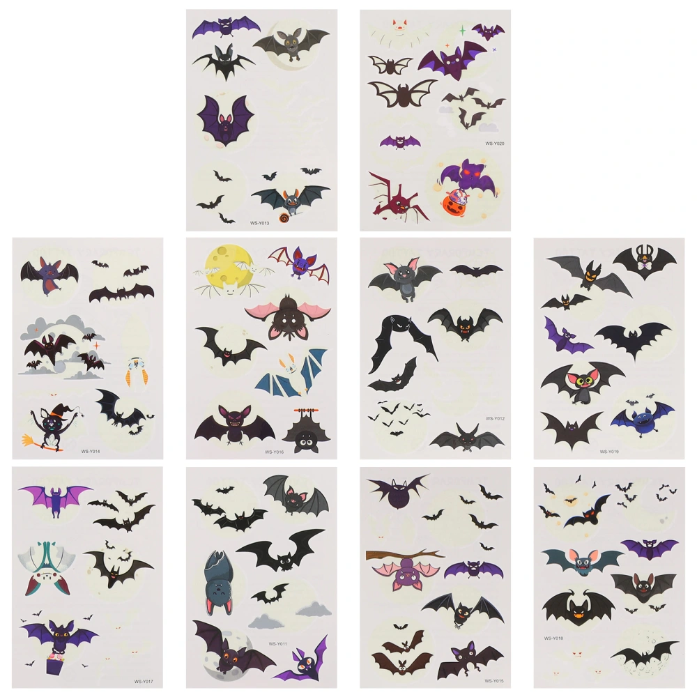 10 Sheets Temporary Tattoos Face Luminous Tattoos Halloween Bat Stickers