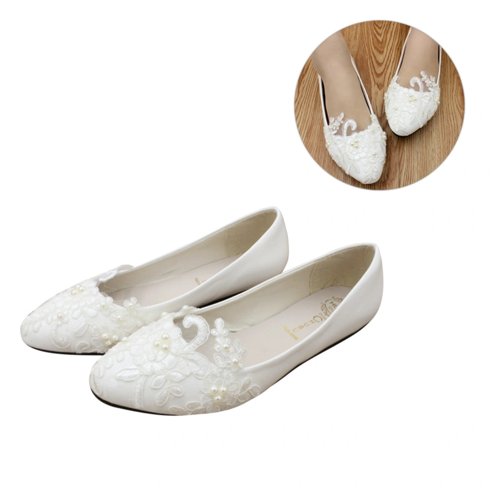 1 Pair Handwork Wedding Shoes Stylish Lace Pearl Flower Wedding Shoes White Wedding Dress Supplies Bridal Flat Shoes Leisure Women Shoes Size 40 White