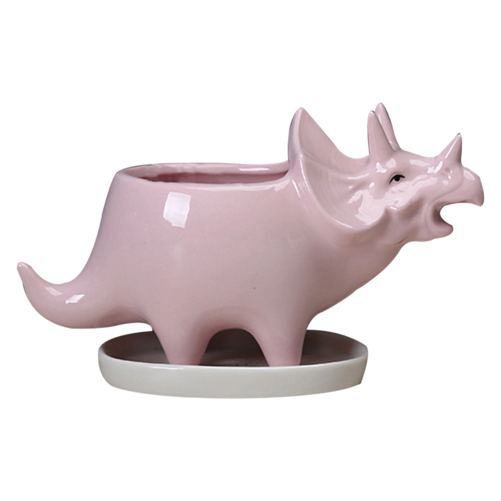 1PC Dinosaur Flowerpot Cartoon Triceratops Flower Pot Adorable Triceratops Succulent Flowerpot Ceramic Animal Succulent Flowerpot Crafts Creative Dinosaur Succulent Planter for Home Office with Tray Without Plants(Pink)