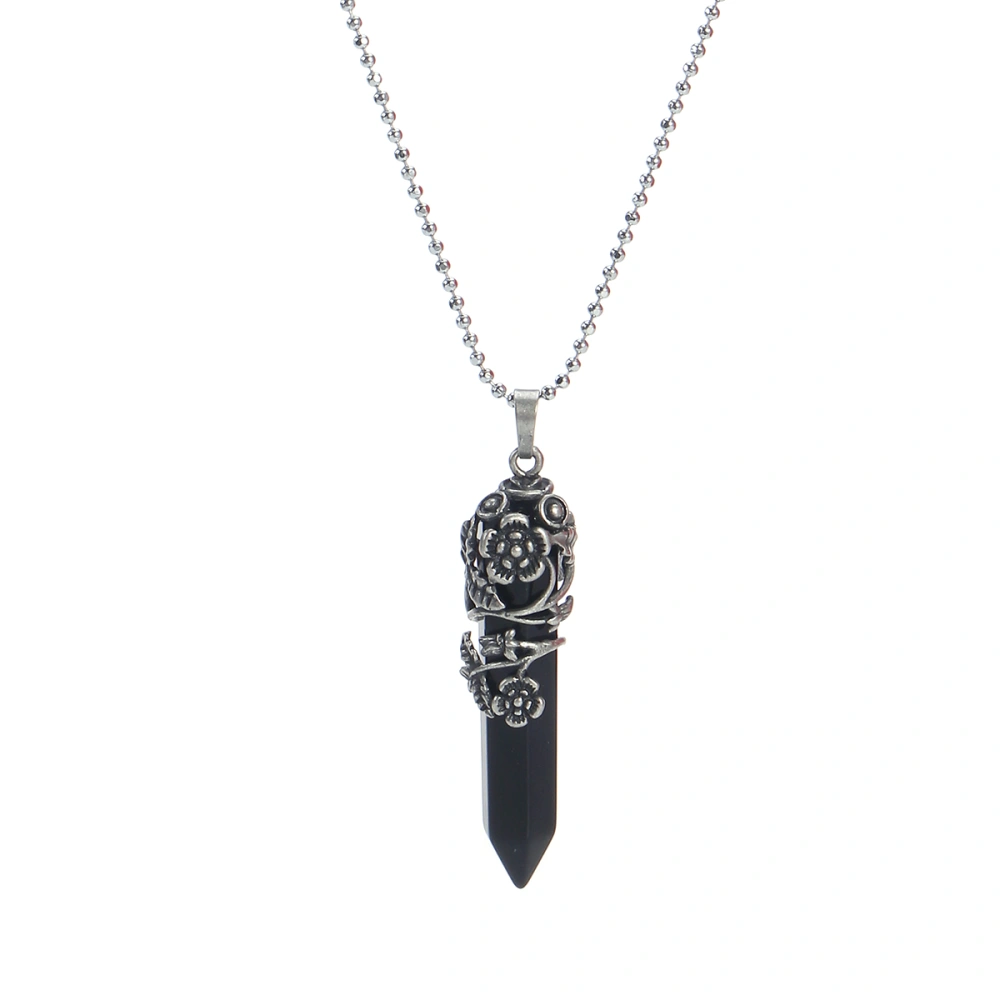 Silver Flower Wrapped Natural Black Agate Healing Alloy Necklace Fashion Creative Jewelry