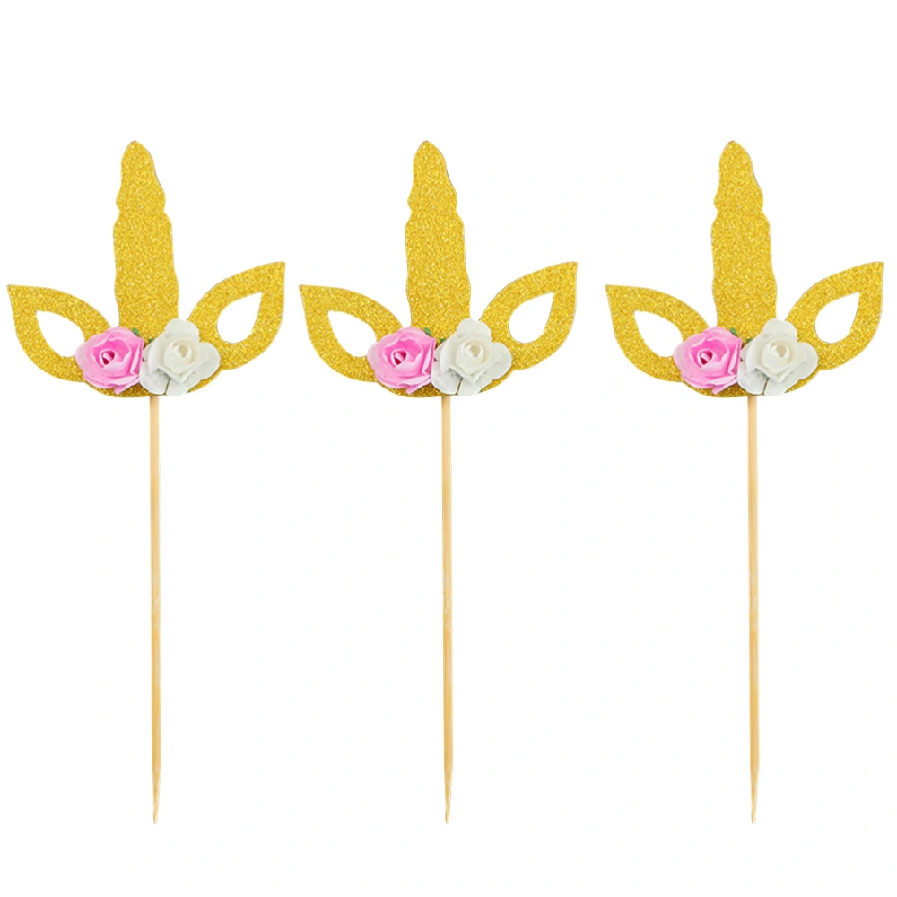 10pcs Golden Unicorn Flower Cupcake Toppers Decoration Insert Creative Gift for Birthday Party