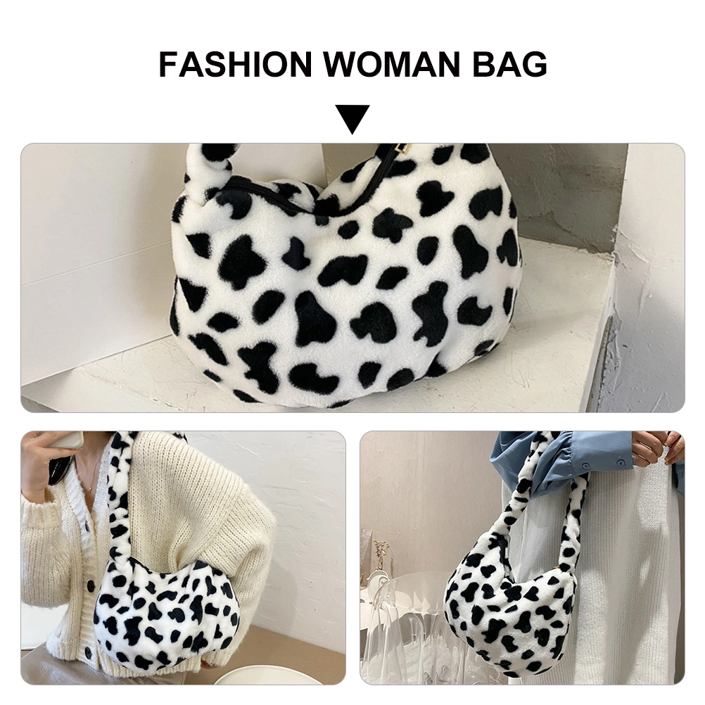 1 Pc Plush Shoulder Bag Cow Pattern Handbag Fashion Woman Bag (Assorted Color)