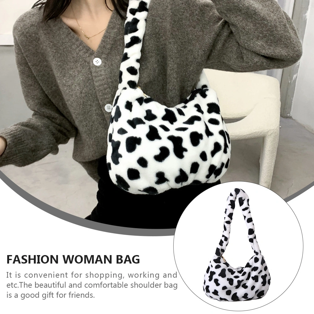 1 Pc Plush Shoulder Bag Cow Pattern Handbag Fashion Woman Bag (Assorted Color)