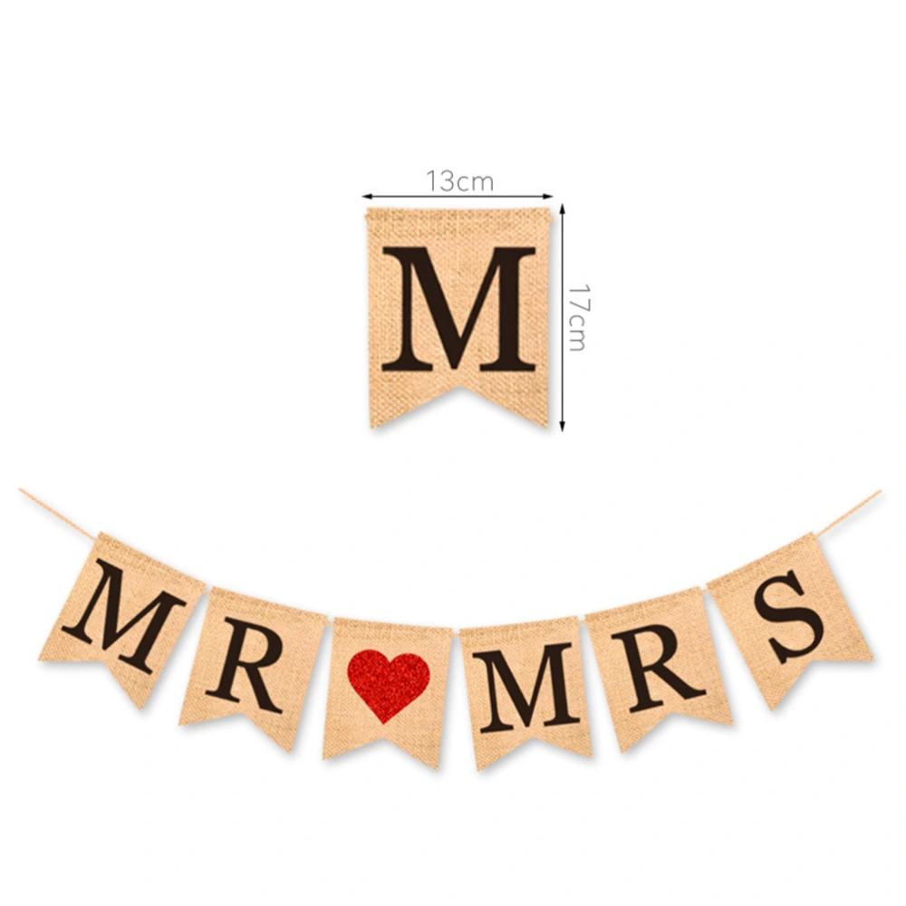 MR MRS Letters Bunting Banner Heart Pattern Retro Linen Burlap Banner Swallowtail Pull Flag Party Decoration for Wedding (Type A)