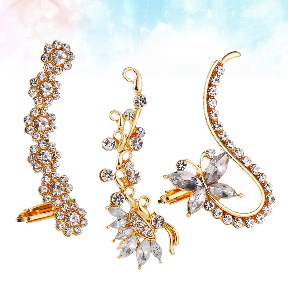 3pcs Cool Rhinestone Women Elegant Earrings Single Ear Clip Fashion Ear Jewelry Women Earrings for Female Ladies (KC Golden)