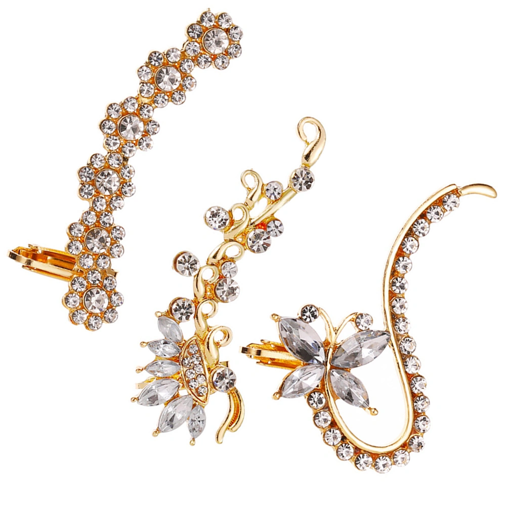 3pcs Cool Rhinestone Women Elegant Earrings Single Ear Clip Fashion Ear Jewelry Women Earrings for Female Ladies (KC Golden)