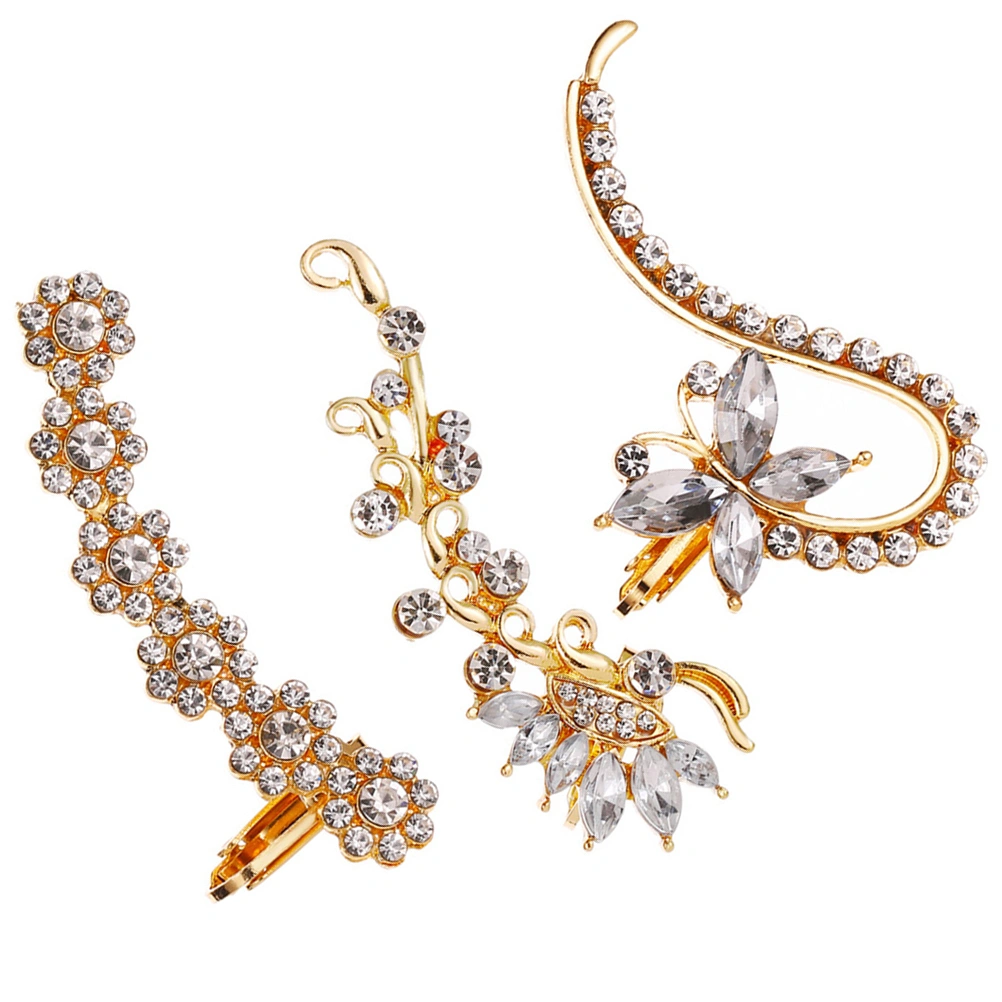 3pcs Cool Rhinestone Women Elegant Earrings Single Ear Clip Fashion Ear Jewelry Women Earrings for Female Ladies (KC Golden)