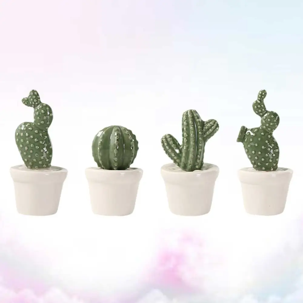 4Pcs Simulation Plant Bonsai Ceramic Desktop Decoration Lifelike Cactus Desk Ornament Mixed Style