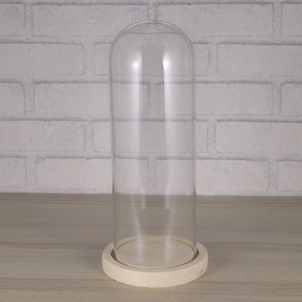 Glass Shield with Wood Base Dry Flower Dust Cover Eternal Flower Glass Cover Transparent Glass Cover