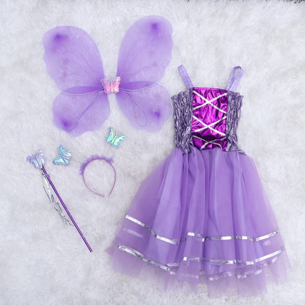 4 Pcs Kids Sling Dress Set Angel Wings Flower Fairy Skirt Toddlers Cosplay Performance Costume (Violet)