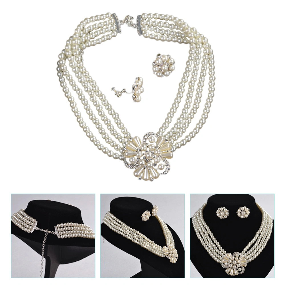 1 Set Artificial Pearl Necklace And Earring Set Clip On Ear Stud Costume Jewelry