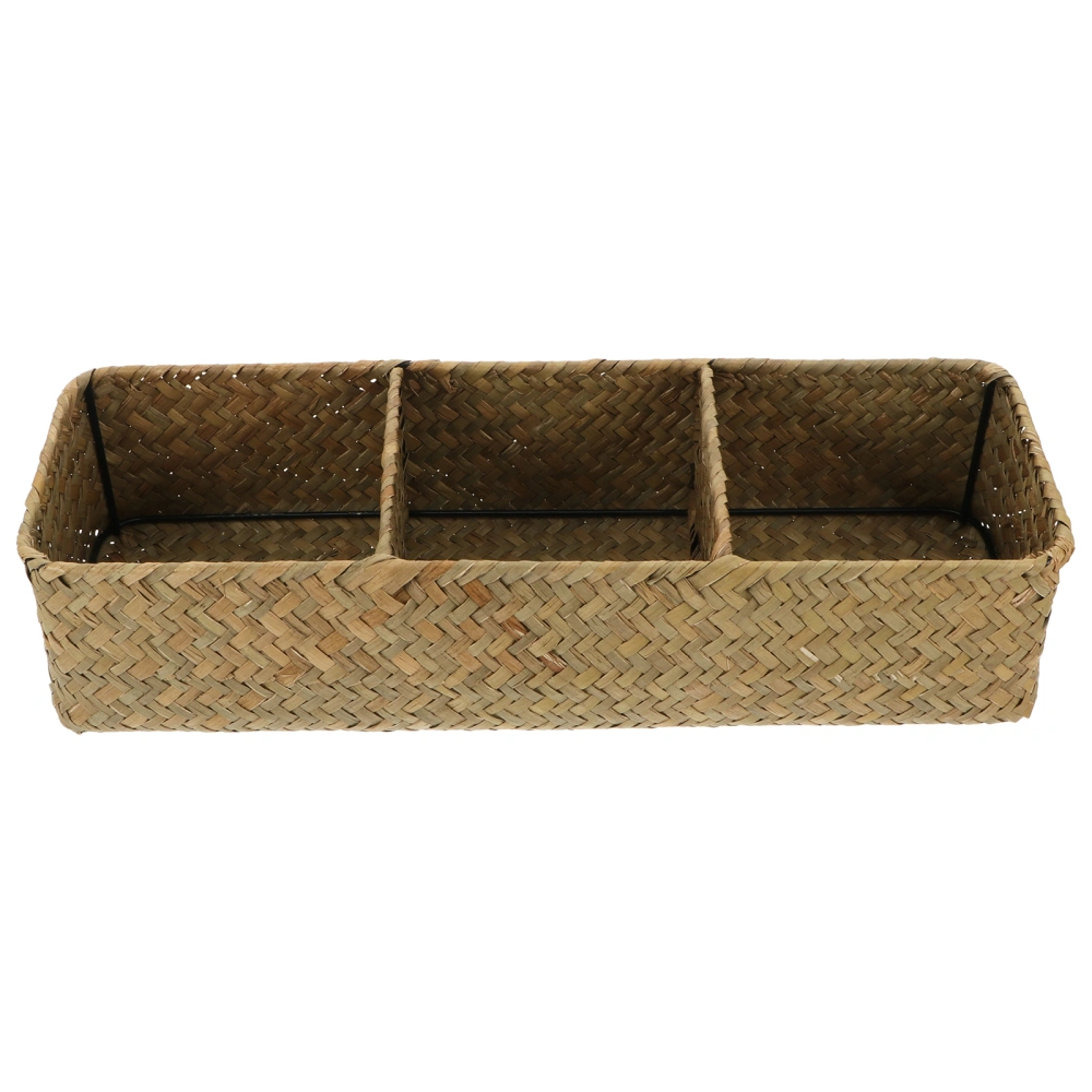 1pc 3 Compartments Home Storage Box Sea Grass Woven Sundries Storage Case