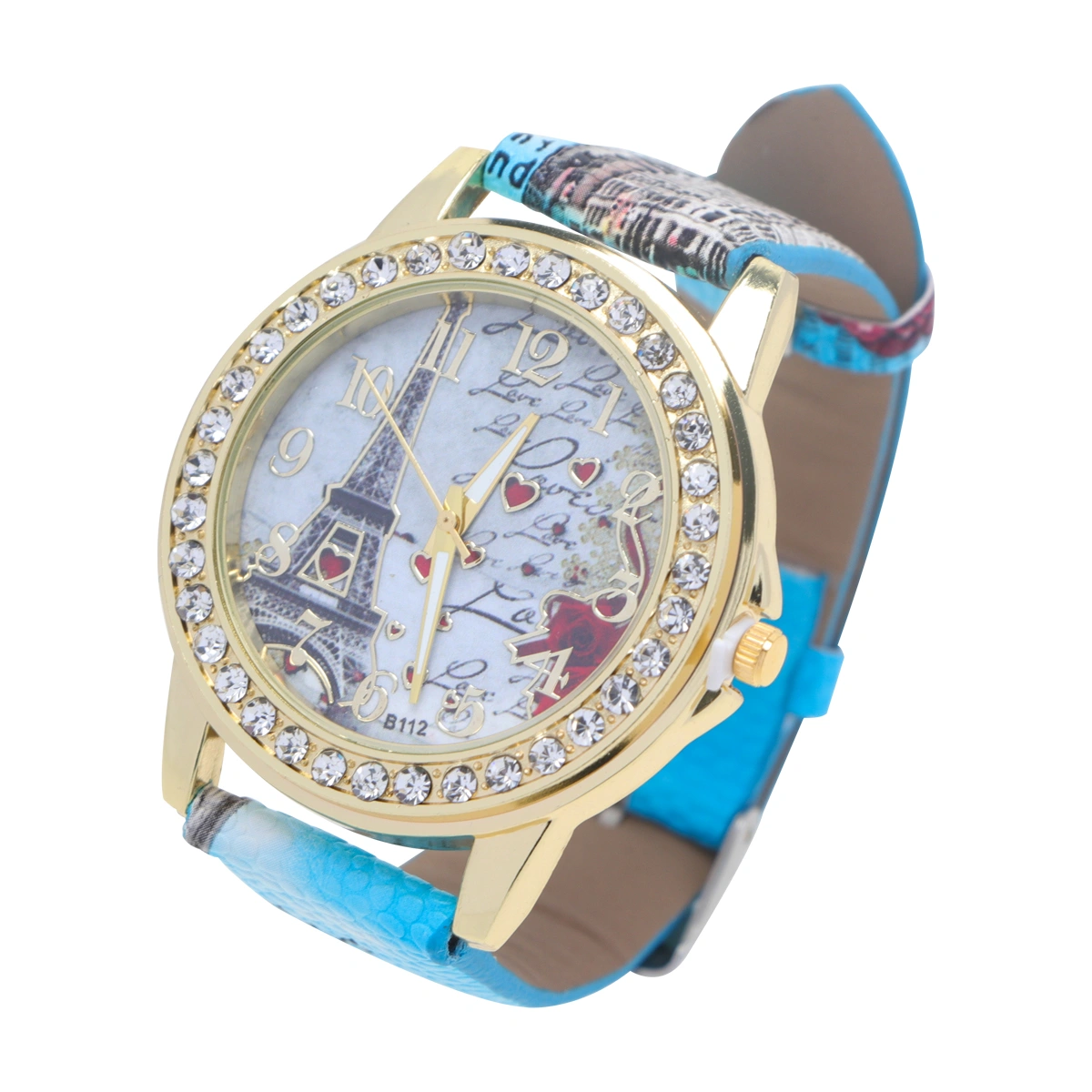 PU Wristband Tower Pattern Watch Fashion Rhinestone Heart Watch Adjustable Casual Wrist Watch for Women Girls (Blue)