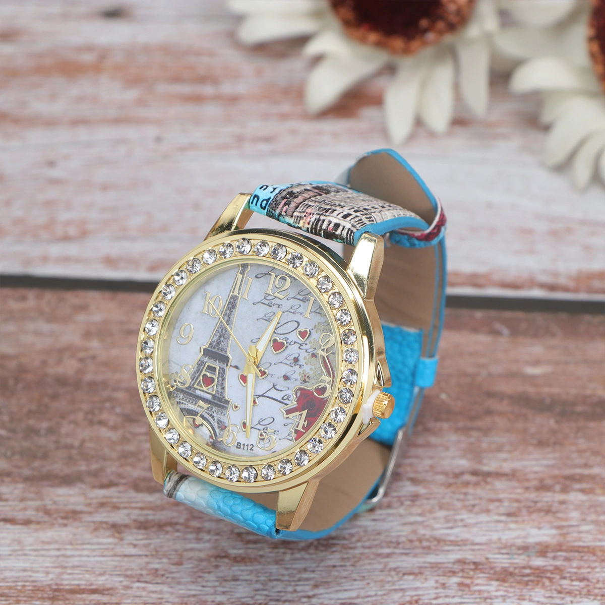 PU Wristband Tower Pattern Watch Fashion Rhinestone Heart Watch Adjustable Casual Wrist Watch for Women Girls (Blue)