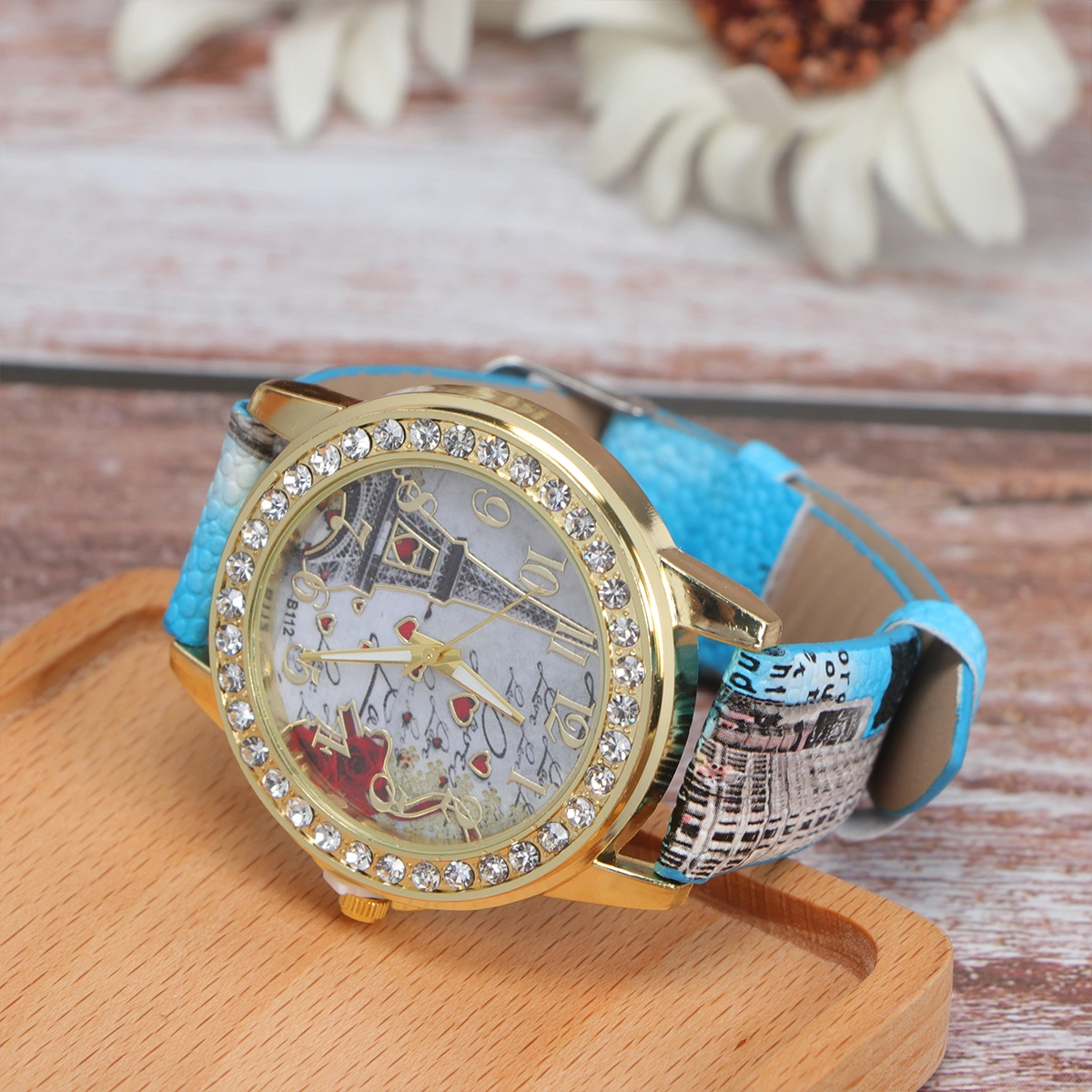 PU Wristband Tower Pattern Watch Fashion Rhinestone Heart Watch Adjustable Casual Wrist Watch for Women Girls (Blue)