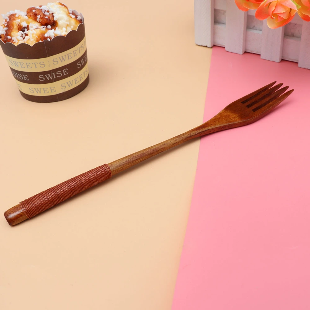 Japanese Style Wooden Fork Household Tableware Children Food Utensil (Brown Thread)