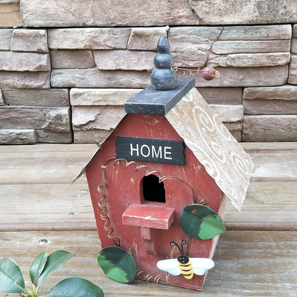 Creative Rural Garden Wooden Bird House Pendant Outdoor Decoration Crafts Wooden House Hanging Pendant Gift for Home Garden (Red Iron Roof Style)