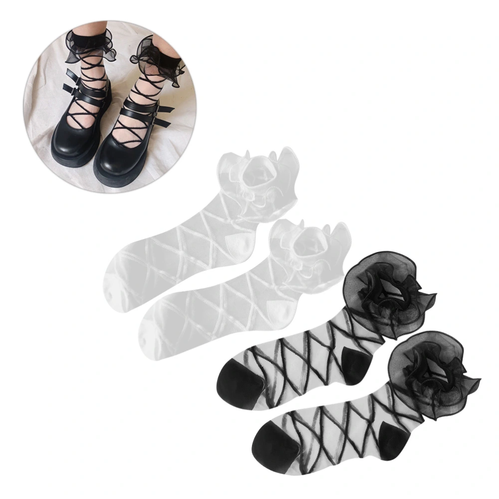 2 Pairs Ankle High Socks Lace Socks Breathable Tube Stocking Japanese Mesh Pile Socks Lady Girls Socks for Student (Black + White)