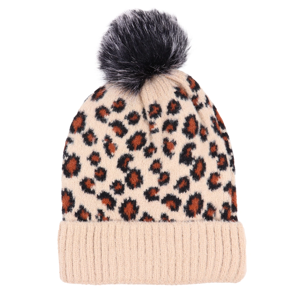 Woolen Hat Woman Leopard Beanie Hat with Fur Pom Warm Knitted Winter Hat