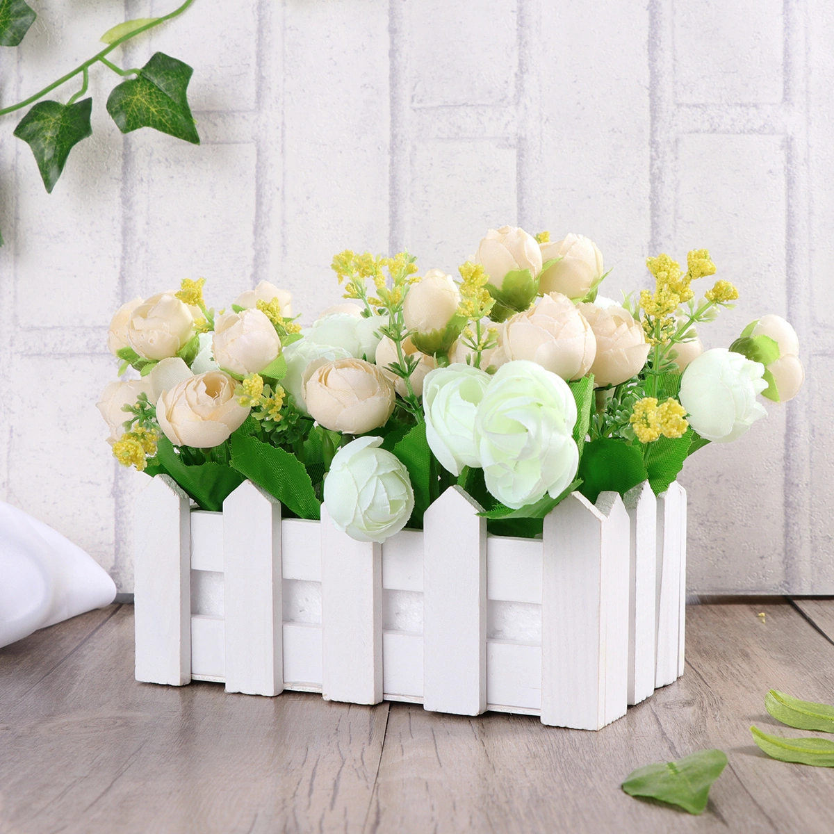 16cm Timber Fence Artificial Flowers Cloth Flower Arrangements in Stockade for Home Garden Office Decor (White)