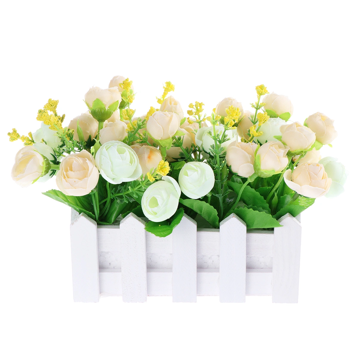 16cm Timber Fence Artificial Flowers Cloth Flower Arrangements in Stockade for Home Garden Office Decor (White)