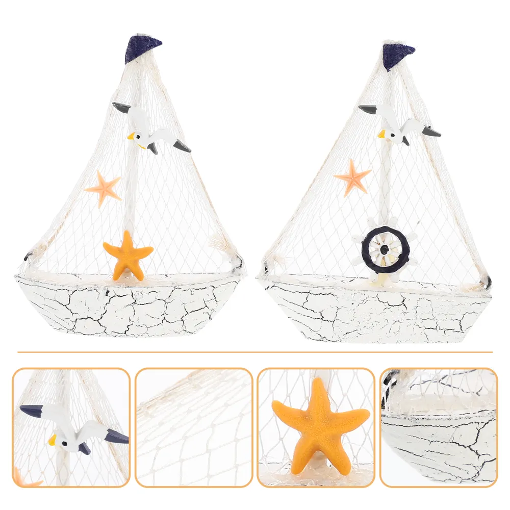 2pcs Mediterranean Sailboat Crafts Wooden Sailing Boats Nautical Themed Decors