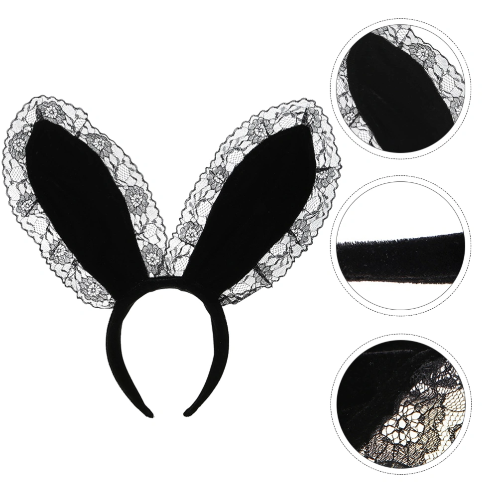 Plush Lace Rabbit Ear Hair Hoops Women Headdress for Party Cosplay (Black)