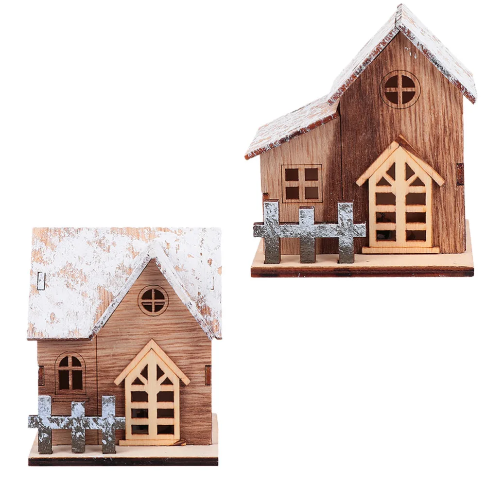 2Pcs Xmas Luminous Mini House Adornments Cartoon House Wooden House Ornament