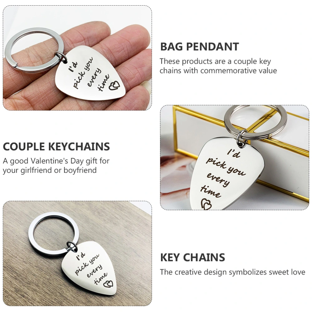 1 Set 2 Pcs Guitar Pick Key Chains Creative Valentine's Day Key Chains (Silver)