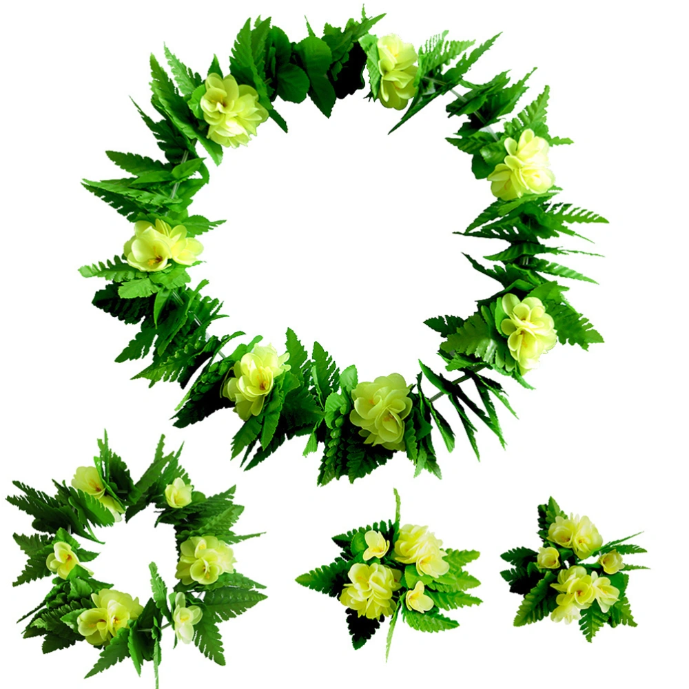 5pcs Hawaii Flower Green Leaf Skirt Performance Skirt Party Costume Creative Garland Wristband Leaf Hair (Yellow, Adults Style, Leaf Skirt and Green Leaf Garland)