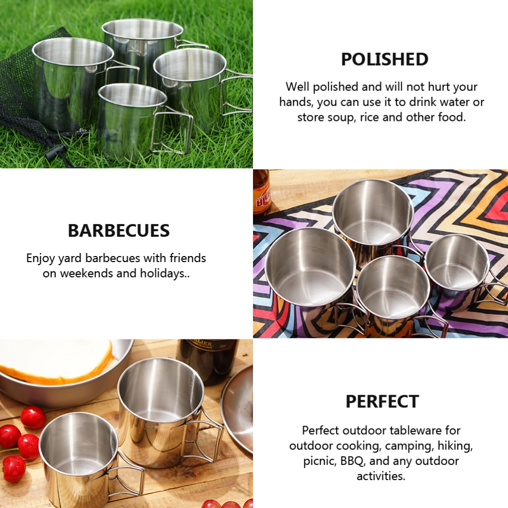 4Pcs Camping Mug Cup Folding Water Cup Stainless Steel Bowl with Mesh Bag