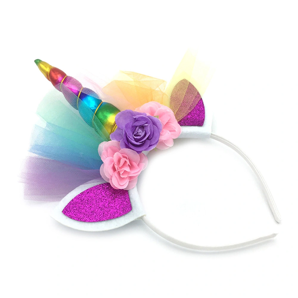 Lovely Unicorn Headband Mesh Flower Hair Bands Novelty Hair Headdress Party Hair Accessories for Girls Kids (Colorful)