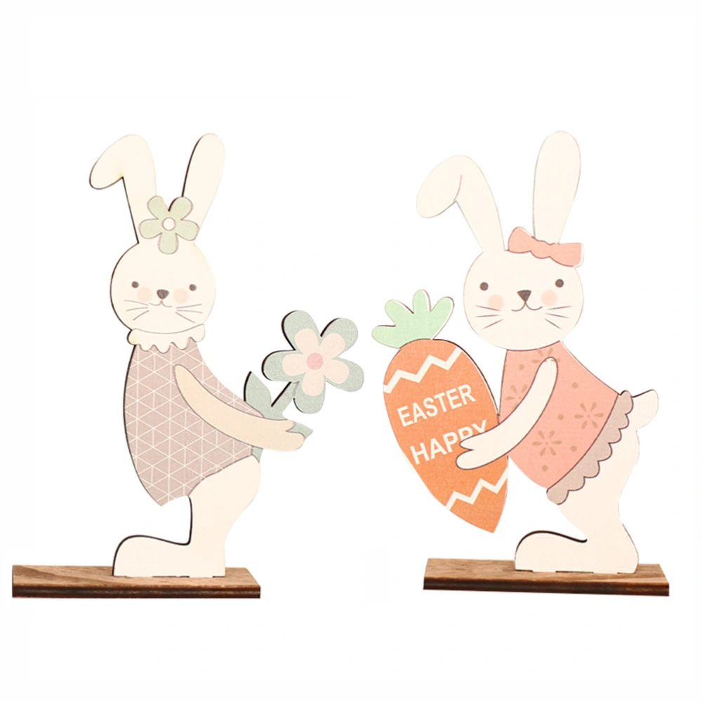 2Pcs Wooden Rabbit Models Decorative Bunny Furnishings DIY Props (Random Color)