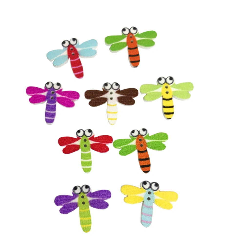 100 Pcs Wooden Buttons Colorful Environmental Cartoon Dragonfly Pattern Printed DIY Snaps (Assorted Color)