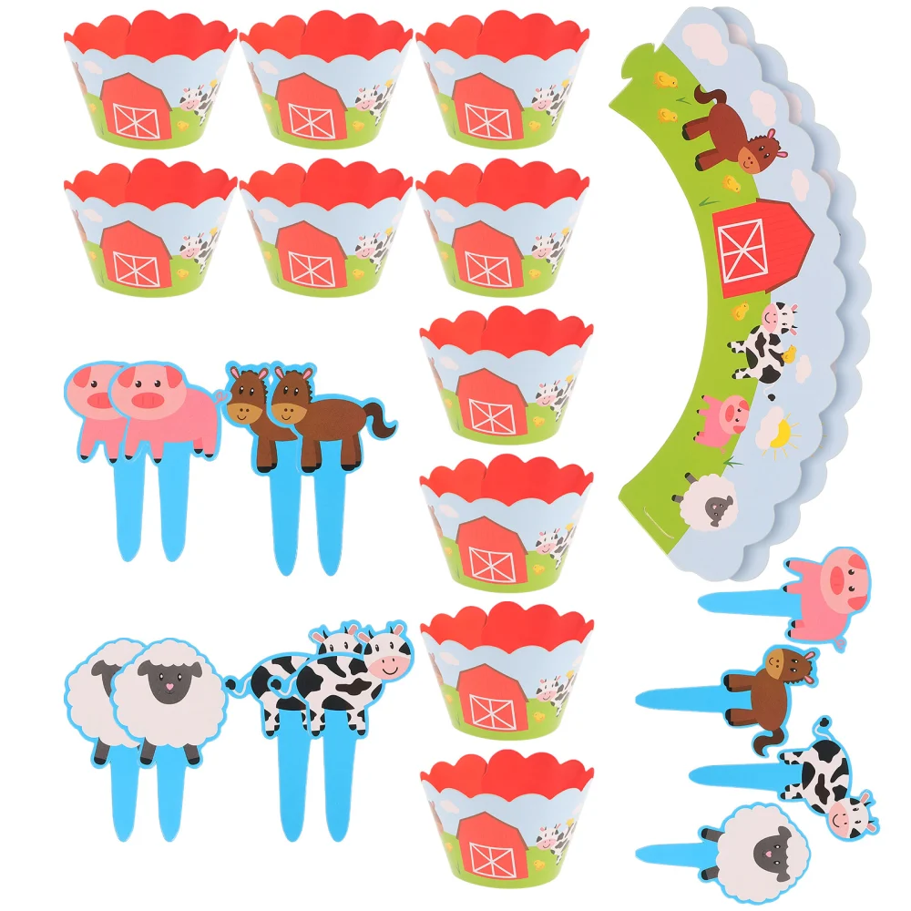 24pcs Farm Theme Cupcake Wrappers Cake Toppers Cartoon DIY Cake Decoration Set Party Supplies Favors (12 Wrappers + 12 Toppers)