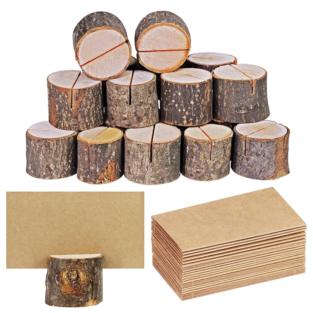 35 Sets Creative Wooden Bark Memo Holder and 35 Pcs Cards Wood Pile Name Place Holders Stump Shape Menu Number Memo Stand