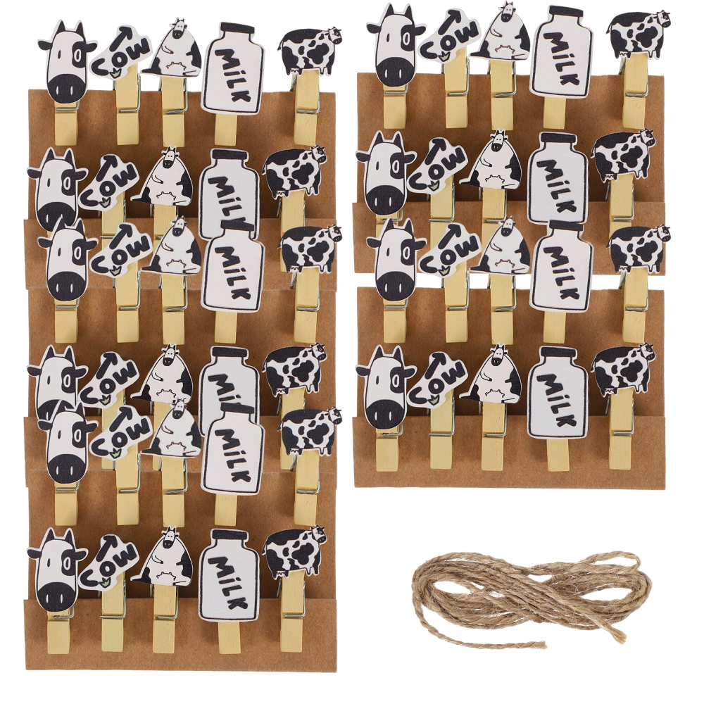 5 Packs Wooden Photo Clips Cow Themed Memos Fixed Clips with Hanging Rope