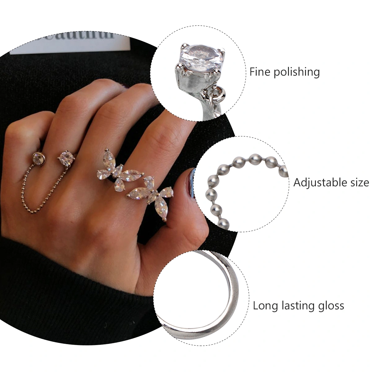 1Pc Hyperbolic Rhinestone Alloy Ring Fashion Adjustable Open Ring (Silver)