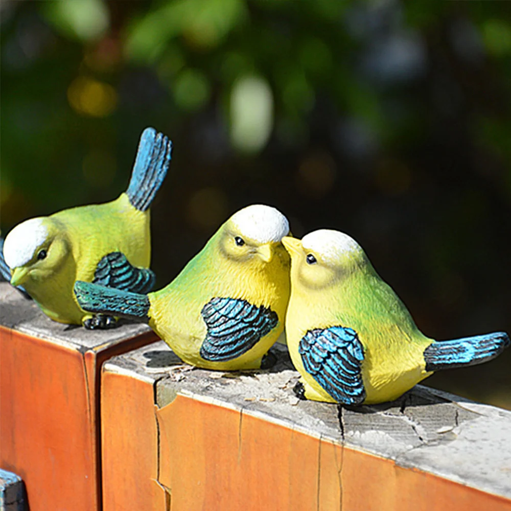 1 Set/4 Pcs Resin Ornament Birds Sculpture Ornaments Potted Decor Craft for Home Office Mini Garden (Green Yellow)