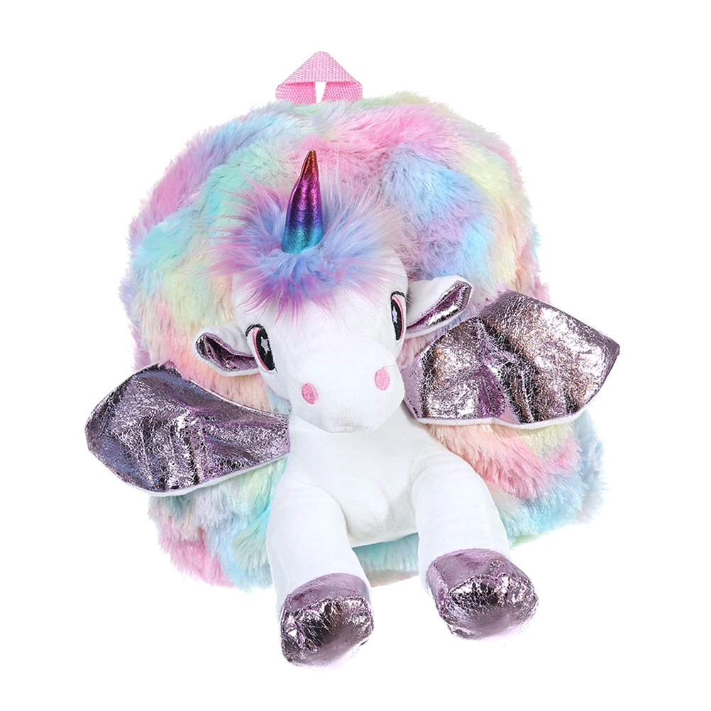 Unicorn Design Plush Backpack Casual Bag Colorful Satchel Bookbag for Kids Children (Pink Wings)