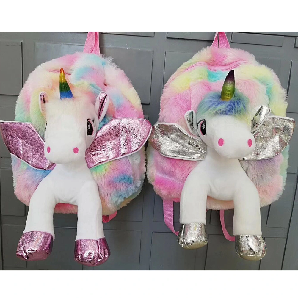 Unicorn Design Plush Backpack Casual Bag Colorful Satchel Bookbag for Kids Children (Pink Wings)