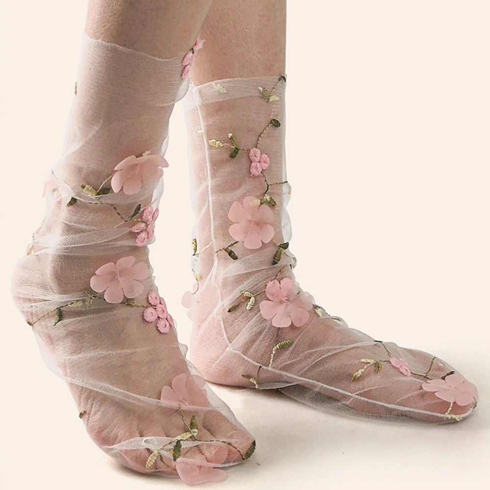 1 Pair Embroidery Summer Gauze Socks Breathable Stockings Flower Stack Socks