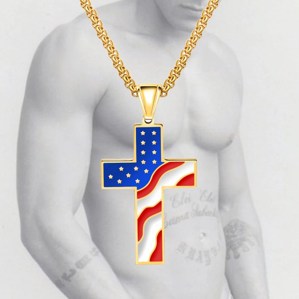 Cross Pendant Creative American National Flag Decor Pendant for Man Male Boy (Golden with Chain)