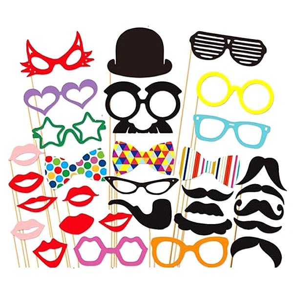 A Set of 31pcs DIY Funny Colorful Glasses Moustache Red Lips Bow Tie Rose Flower On Sticks Wedding Birthday Party Photo Booth Props